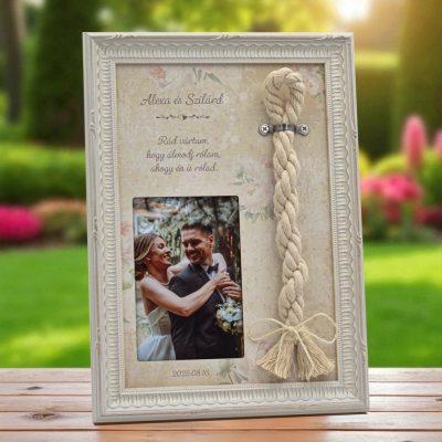 kész kötélceremónia szett fotóval, idézettel és összefont zsinórral - classic fekete képkeret - antik fehér képkeret