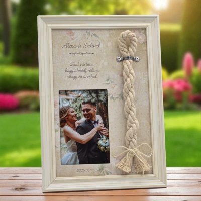 kész kötélceremónia szett fotóval, idézettel és összefont zsinórral - classic fekete képkeret - trend fehér képkeret