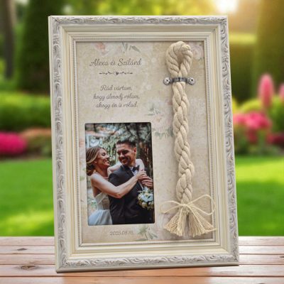 kész kötélceremónia szett fotóval, idézettel és összefont zsinórral - classic fekete képkeret - vintage fehér képkeret